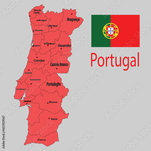 detailed Portugal Map with districts and autonomous Regions- Political administrative Division.