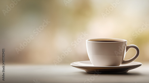 Wallpaper Mural illustration of coffee cup and saucer on left side with blurred background and blank space on right for text Torontodigital.ca