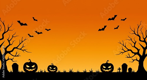 Spooky Silhouette Halloween Night Background with Jack o' Lanterns and Bats