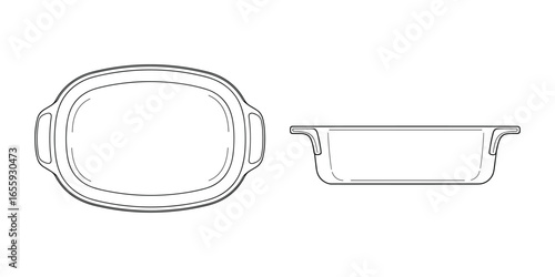 Elegant Baking Dish Outline Vector Illustration: Top and Side Views, Precise and Detailed Design.