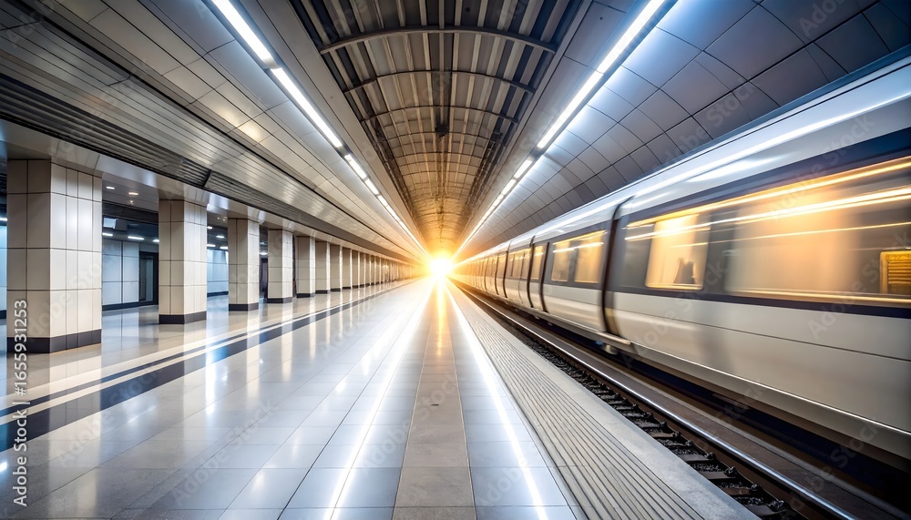 Naklejka premium Tren en movimiento en estación de metro moderna con luz solar brillante al final del túnel