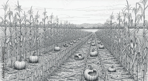 Desolate Autumn Cornfield with Pumpkins Black and White Drawing