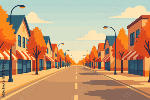 Warm fall town street with orange trees, shop facades and long perspective. Clean flat background with copy space for banners, posters and websites