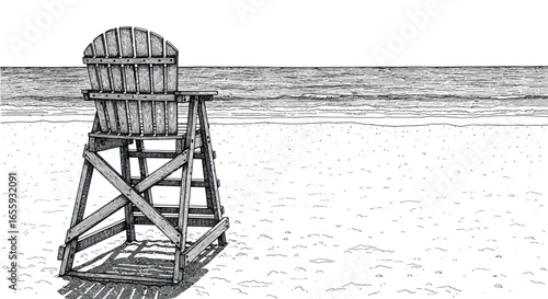 Black and White Lifeguard Chair on Empty Beach Line Art Illustration