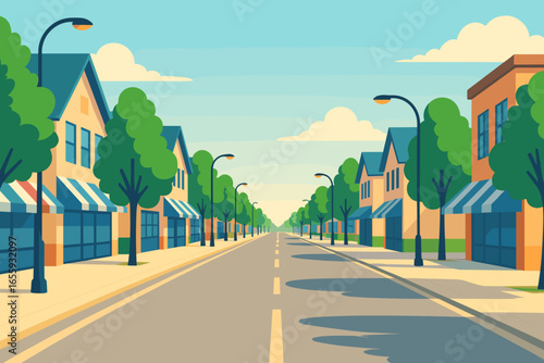 Bright flat-style illustration of a small town main street with green trees, shop facades and long perspective. Clean background with copy space for web, banner or poster