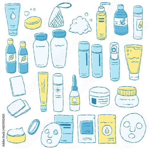 手描きテイストなスキンケアグッズのイラストセット(ブルー、イエロー)