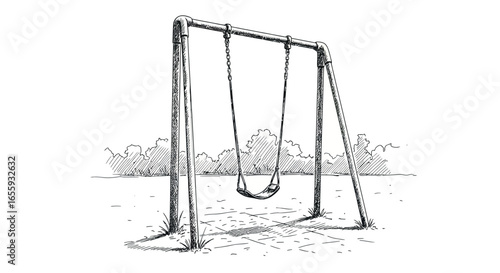 Hand-Drawn Playground Swing Set Sketch - Black and White Illustration