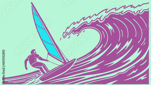 Windsurfing extreme sport vector illustration with ocean wave and surfer silhouette for summer activities