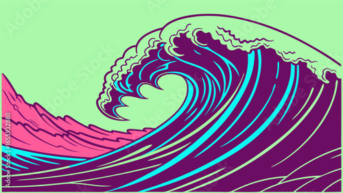 Ocean wave art illustration digital artwork sea waves design graphic vibrant colors tidal wave drawing style