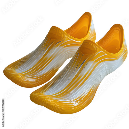 A pair of bright orange and white striped low cut athletic socks with a textured ribbed pattern isolated on transparent background