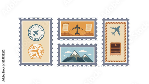 Vintage travel postage stamps collection airplane mountains aviation themed philately designs for collectors
