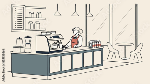 Coffee shop barista making espresso drink at cafe counter service in restaurant interior illustration