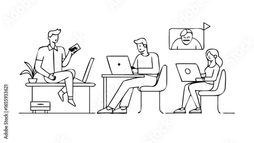 Remote work team collaboration online meeting video conference call laptop office people workplace concept