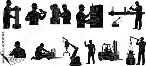Industrial and engineering workers silhouettes operating machinery, inspecting equipment, using tools, managing forklifts, robotic arms, construction site activities, safety and precision tasks