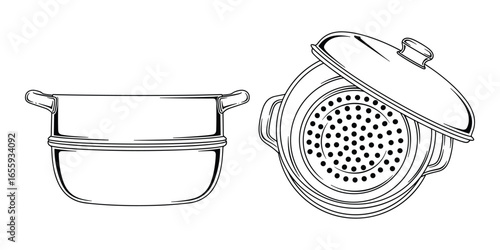 Vector illustration featuring steaming pot with perforations and a lid for healthy cooking.