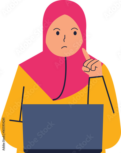 A woman in a hijab, looking thoughtful while working on a laptop.