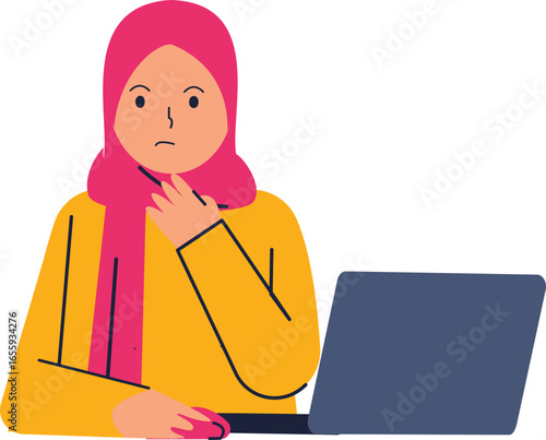 A pensive Muslim woman wearing a pink hijab and yellow sweater contemplates a problem while working on her laptop.