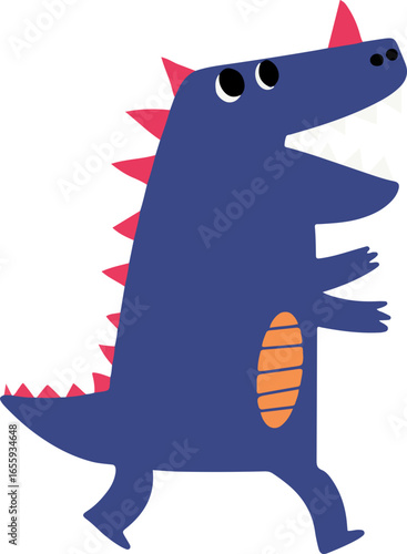 Playful blue dinosaur walking, cartoon style, red spines, orange belly patch.