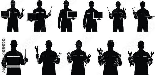 Silhouette construction workers wearing hard hats holding various tools and laptops, engaged in technical tasks, teamwork, repair, maintenance, and industrial labor illustration