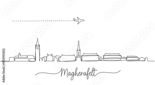 Magherafelt Skyline with Outline Vector, and Airplane.