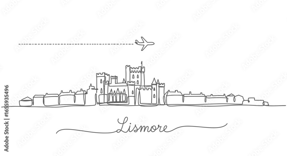 Obraz premium Lismore Castle Line Art with Ireland Travel, and Plane.
