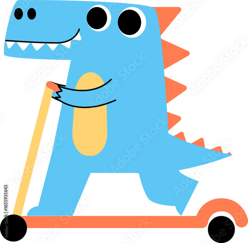 A cute and happy blue cartoon dinosaur with orange spikes riding a push scooter.