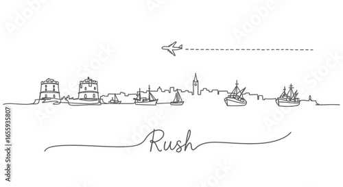 Rush Ireland Skyline with Line Art, Travel, and Plane.