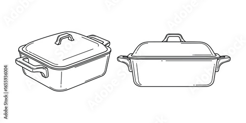 Detailed Line Drawing of Two Casserole Dishes, One Square and One Rectangular, Kitchenware