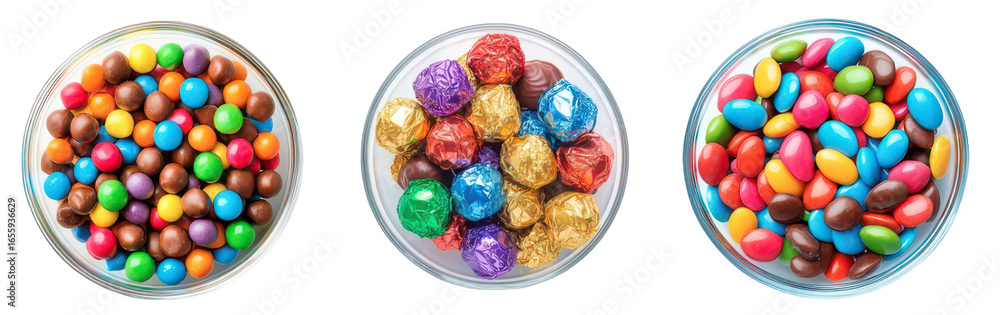 Three bowls showcase a vibrant array of wrapped and unwrapped candies, a delightful treat. Three bowls showcase a vibrant array of wrapped and unwrapped candies, a delightful treat.