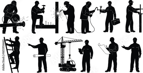 Ten construction worker silhouettes in hard hats performing various tasks with tools and equipment, detailed industrial vector illustration set for building work