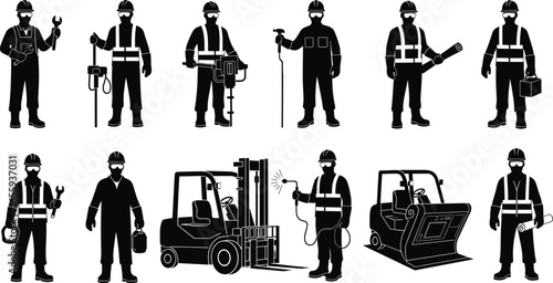 Ten construction worker silhouettes in safety gear using various tools and equipment including forklift, jackhammer, welding torch, bulldozer, detailed vector industrial illustration set