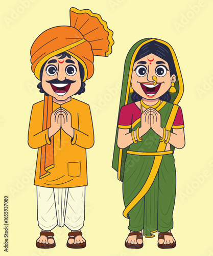 Vector illustration of a traditional Maharashtrian couple in Namaste pose, man wearing feta and dhoti, woman in Nauvari saree
