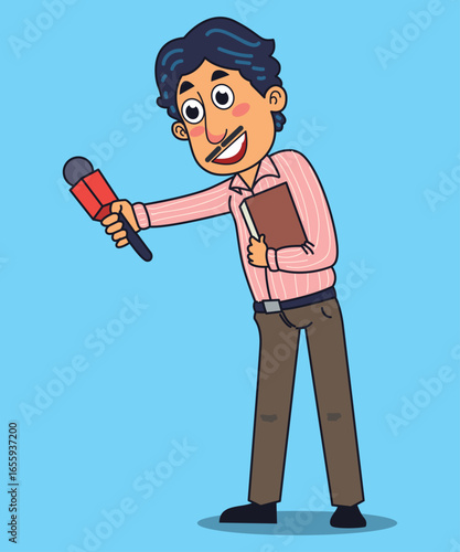 Vector illustration of a male reporter holding a microphone, cartoon style character for journalism, news, and media concepts