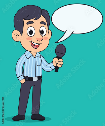 Vector illustration of a male reporter holding a microphone, cartoon style character for journalism, news, and media concepts