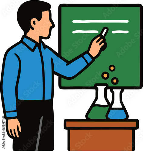 A male teacher in blue shirt writing on chalkboard while explaining a science lesson with laboratory beakers on table. Perfect for education, learning, and classroom concepts.