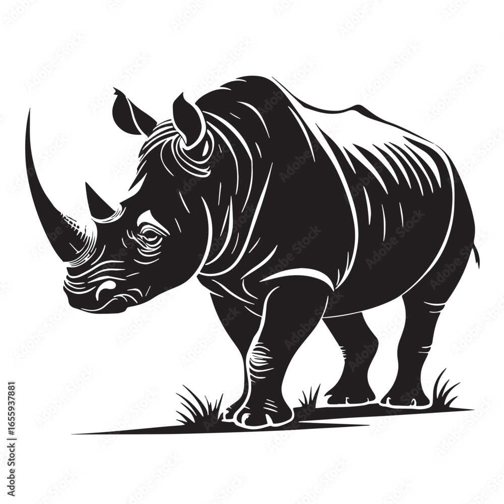 Fototapeta premium black white rhinoceros Silhouette Vector, High Quality Illustration on White Background