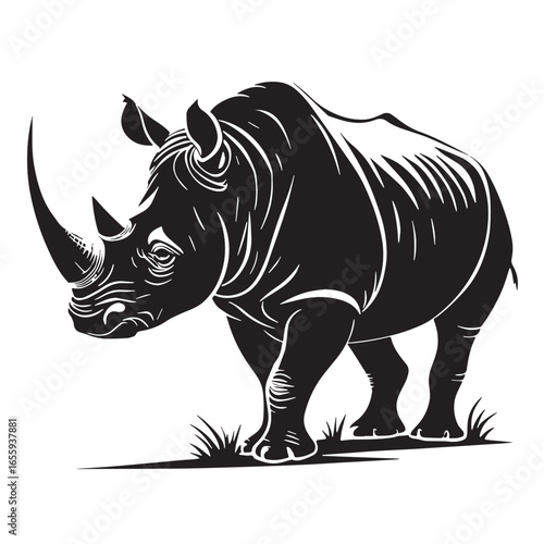 black white rhinoceros Silhouette Vector, High Quality Illustration on White Background
