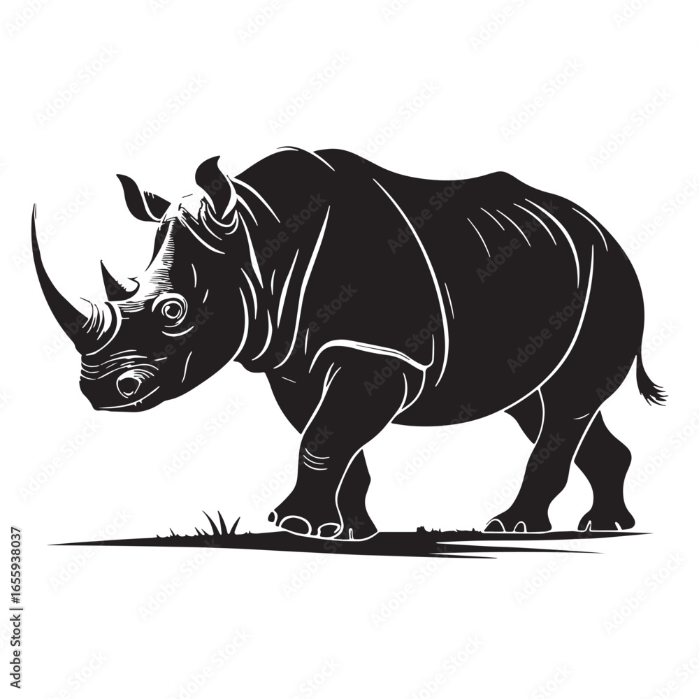 Fototapeta premium black white rhinoceros Silhouette Vector, High Quality Illustration on White Background