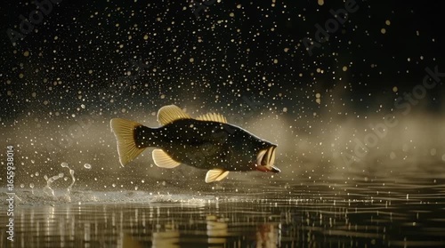 Wallpaper Mural Majestic Bass Leaps From Water Amidst Golden Speckles. Torontodigital.ca