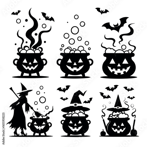 Vector art of halloween illustration isolated on white background with witch and cauldrons