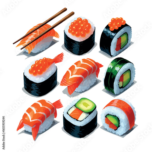 Vector art of various types of sushi rolls with chopsticks isolated on white background