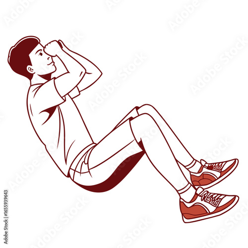 A man is doing situps on the floor, he is wearing sportswear and has his hands behind his head