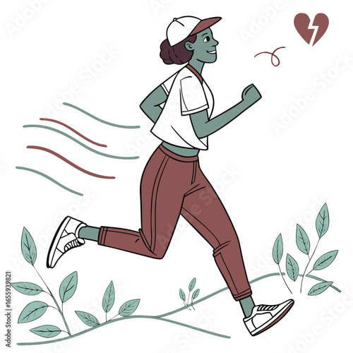 A woman running away from a broken heart, , symbolizing healing and moving on from sadness and pain