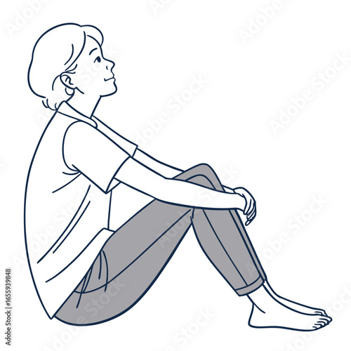 A woman sitting on the floor looking up, , wearing casual clothes in a peaceful and contemplative pose