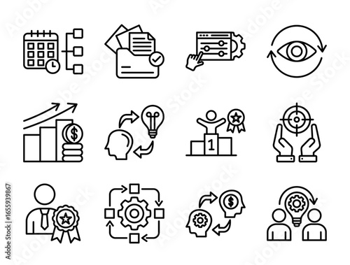 Collection of Change Management icons, related to schedule, documentation, investment, creative, achievement and more. Outline icons vector illustation.