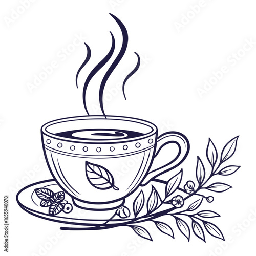 Elegant cup of hot herbal tea with mint leaves, a comforting and aromatic beverage