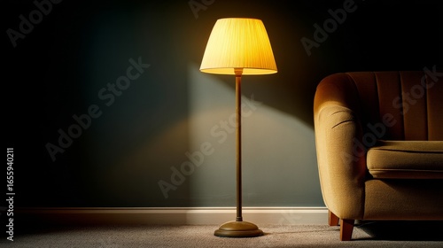 A cozy indoor scene with a warm standing floor lamp near a tan couch, muted greenish-blue wall, soft lighting,