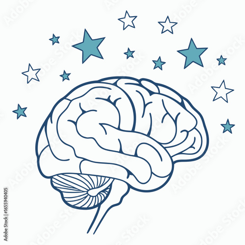 Illustration of a brain with stars, representing ideas, intelligence, and creative thinking