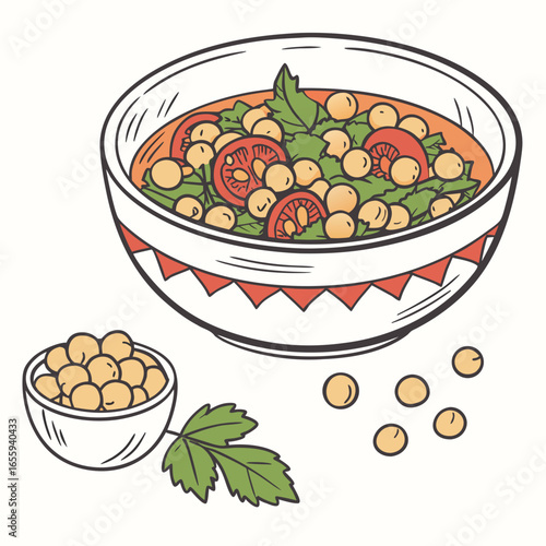 Illustration of a chickpea salad with tomato and parsley in a bowl, delicious and healthy