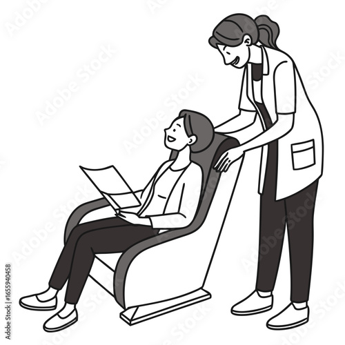 Illustration of a doctor assisting a patient in a chair, representing medical care and support